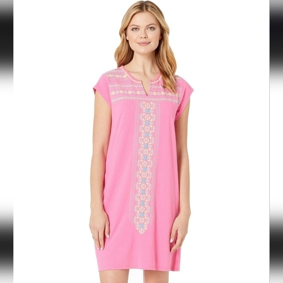 NWT Fresh Produce Baja Kayda Dress Flamingo Pink Embroidered Jersey Knit Cotton - Picture 1 of 6